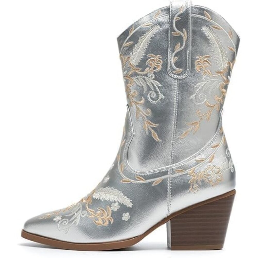 🆕 Cowboy Boots Woman Silver Chunky Heel Leather Embroidered Western Booties - Picture 3 of 6